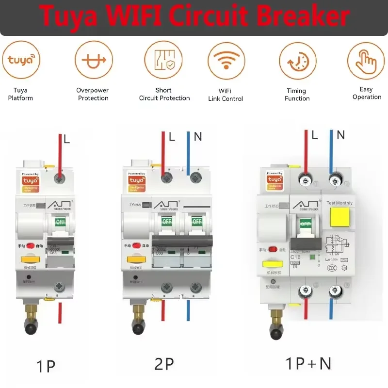 

AC 230V 16A 32A 63A Tuya WIFI Circuit Breaker MCB Smart Life Remote Control Short Circuit Protection Timed Switch 1P/2P/1P+N