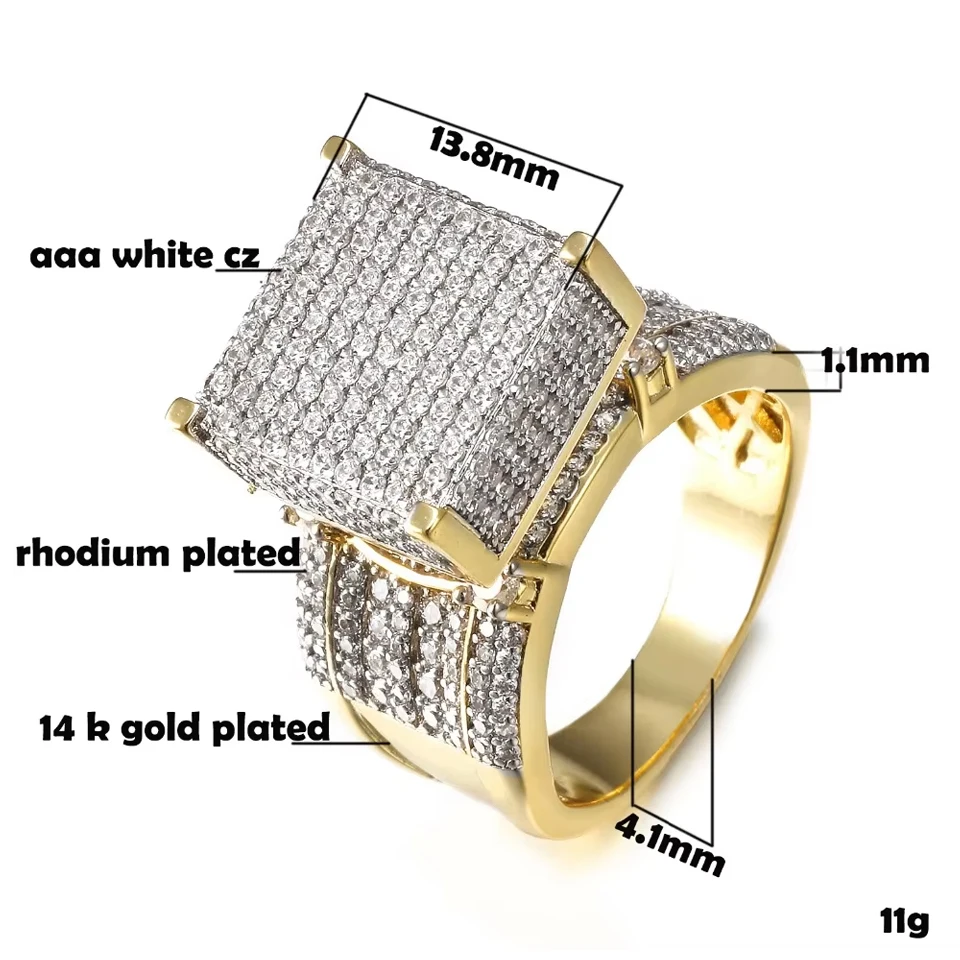 VANAXIN High Quality Men Rings Wide Square 3D Punk Zircon Jewelry Paved CZ Shiny Gift For Male