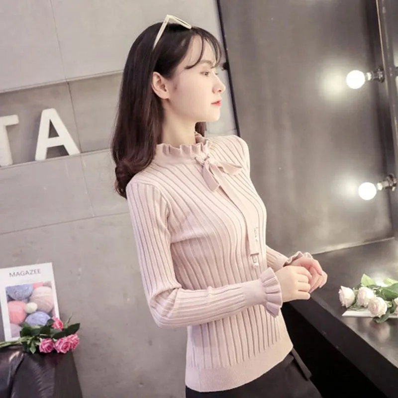 Lucyever Autumn Winter Knitted Sweater Women 2022 Fashion Ruffles Neck Long Sleeve Knitwear Woman Korean Elastic Slim Pullover