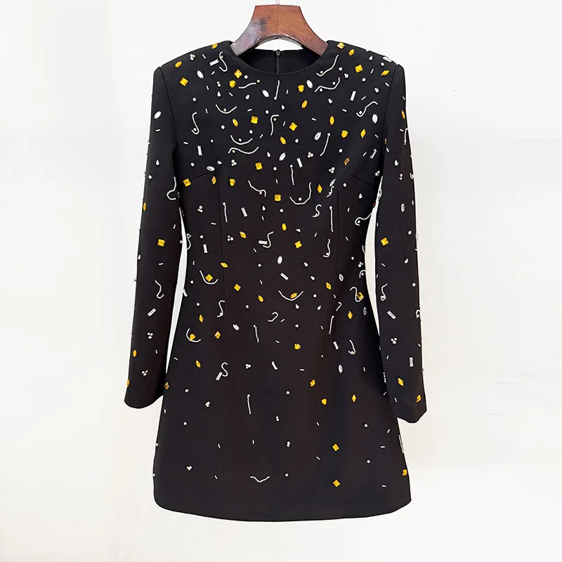 

European American Elegant Fashionable Long-Sleeved Dress with Beading Rhinestone ropa mujer vestidos party dresses for woman
