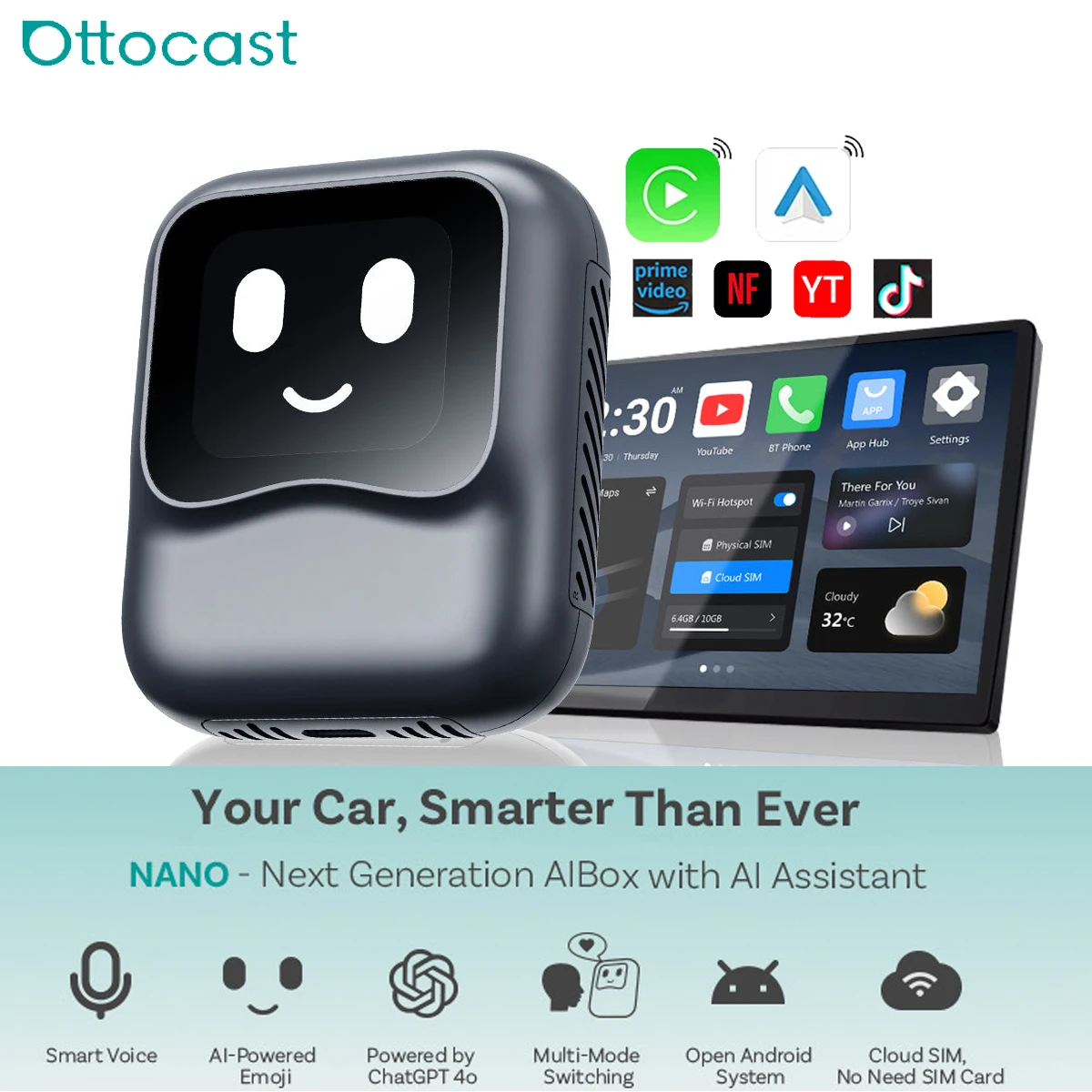 OTTOCAST Nano Video AI BOX Wirelss Carplay Android Auto Aapter Voice Control QCM6225 128G Android 13 TV Box for Benz VW Audi Kia