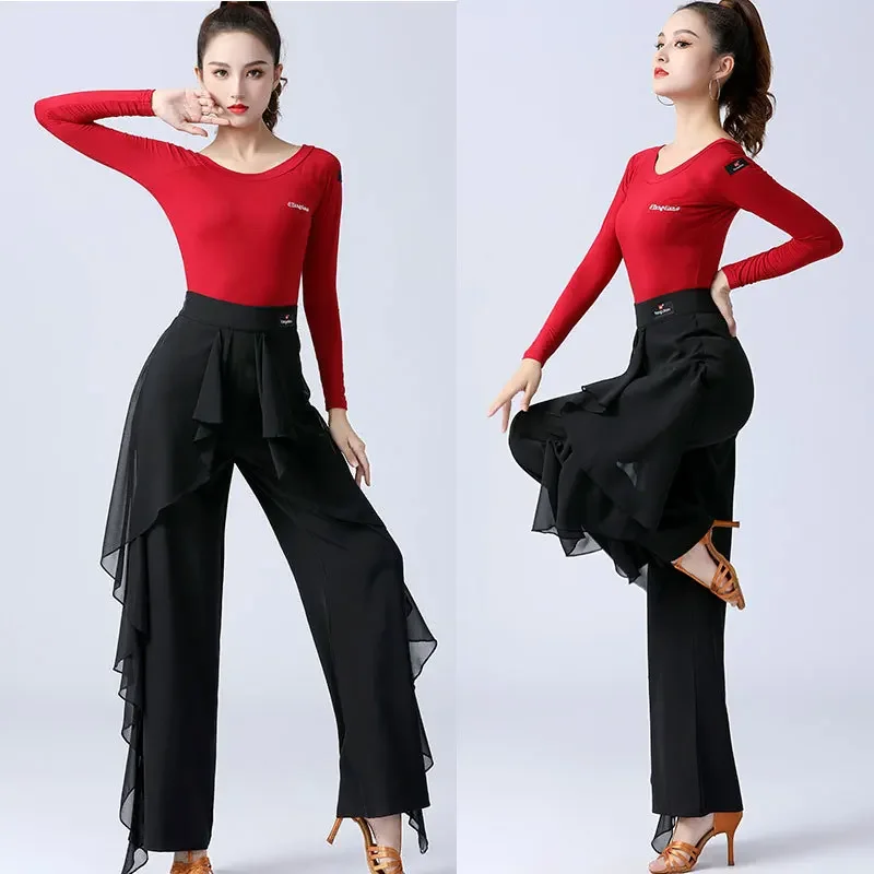 Latin Dance Modern Dance Pants Women High Waist Ruffle Wide Leg Pants Jitba Practice Clothes Ballroom Dance Wear