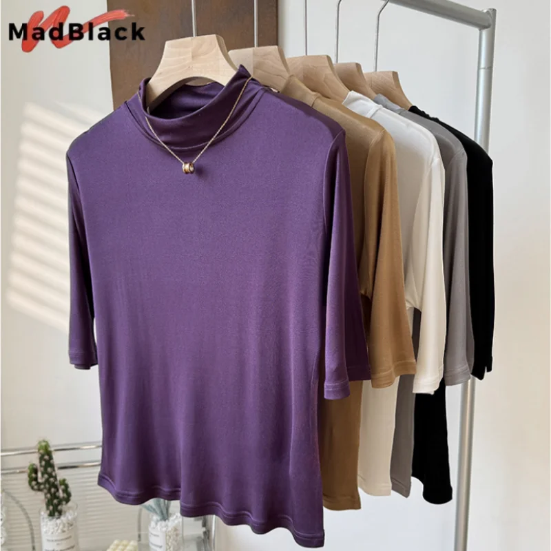 

Madblack,L-3XL,100% Mulberry Silk T-shirt,Women Mock Neck Half Sleeves Solid Shirt,Basics Tops,2025 Summer Autumn New T5N919JF