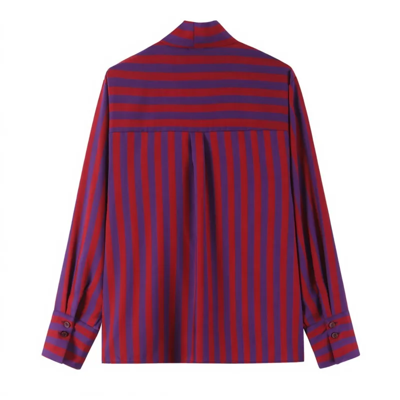 HipSeam Women's Striped Blouse With Bow New 2026 Autumn Simple High Collar Long Sleeves Woman Shirts Female Shirts & Blouses
