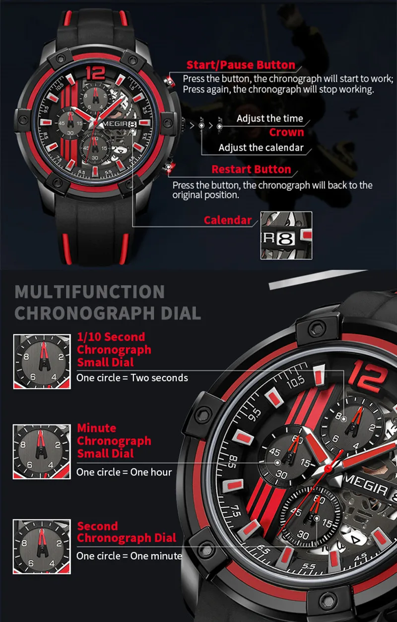 MEGIR Luxury Sport Quartz Watch Silicone Band Big Dial Military Wrist Watch Chronograph Waterproof Male Clock Relogio Masculino