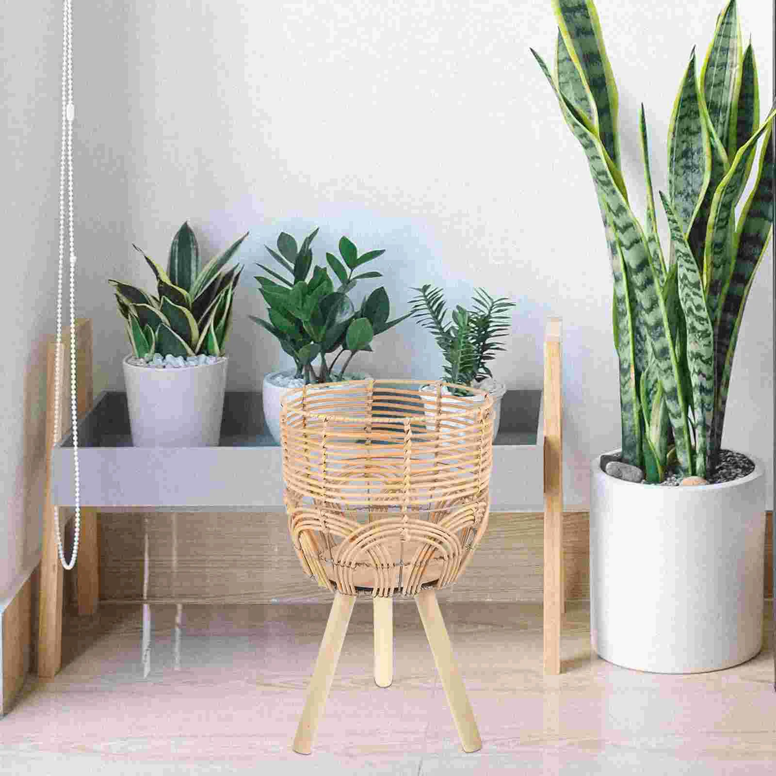 Bamboo Flower Basket Woven Plant Pot Rack Green Holder on Standing Legs for Home Plants Indoor Pots