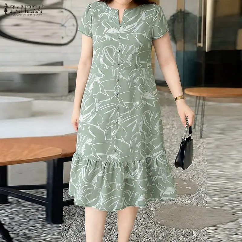 ZANZEA Lässiges Midikleid mit Blumendruck für Damen, V-Ausschnitt, kurze Ärmel, gerüschter Saum, langes Kleid, Sommerkleidung für den Alltag, Roben Femme 3XL