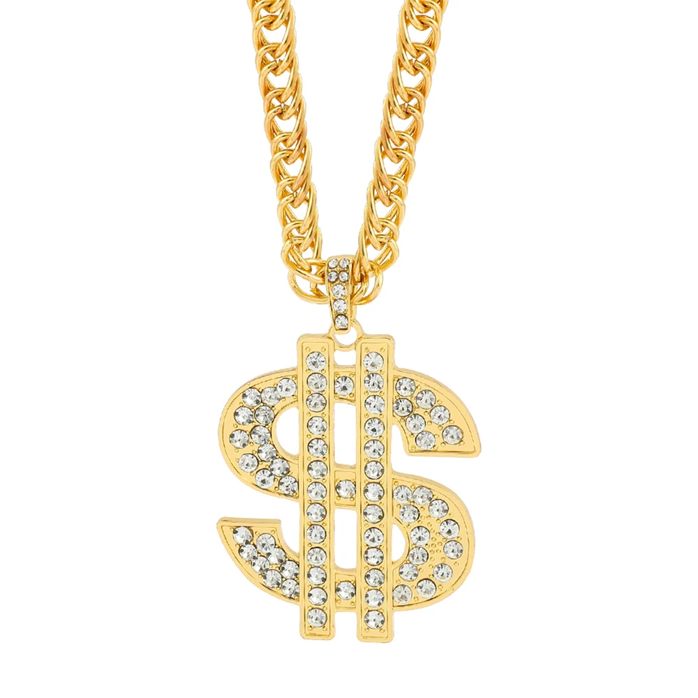 Full of Rheinstone Hip Hop Golden Dollar Sign Pendant Necklace Men Women Punk Fashion Rock Rap Jewelry Gift