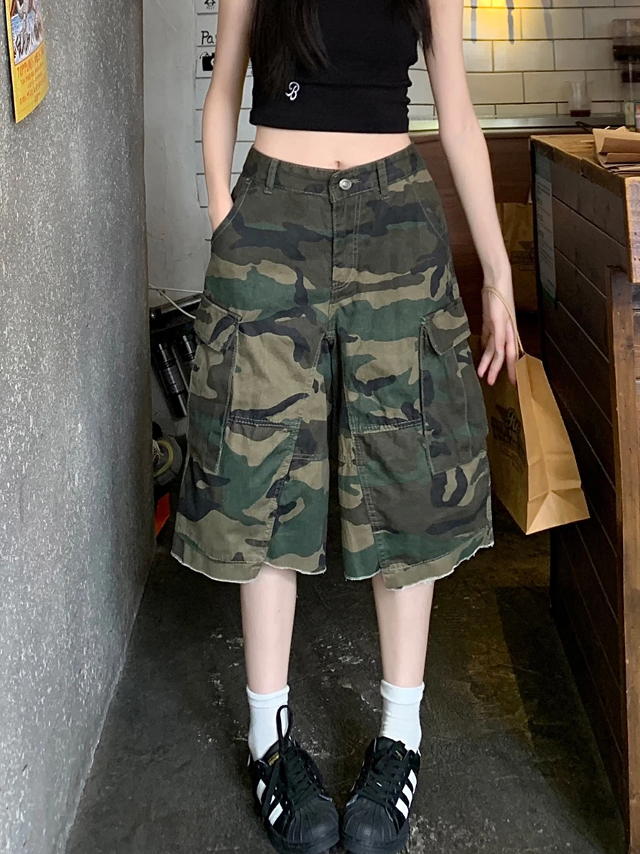 REDDACHiC Big Pockets Camouflage Cargo Jeans Shorts Women Patchwork Raw Edge High Rise Wide Leg Baggy Jorts Retro Y2k Streetwear