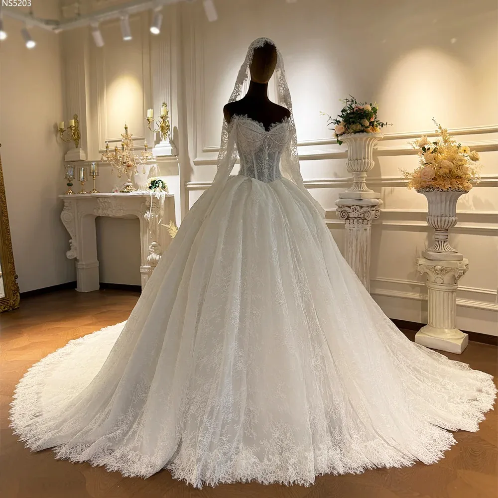 

Allover Lace Off-The-Shoulder Ball Gown Wedding Dress Bell Sleeves With Corset Bodice Royal Train Evening Dress Customizable