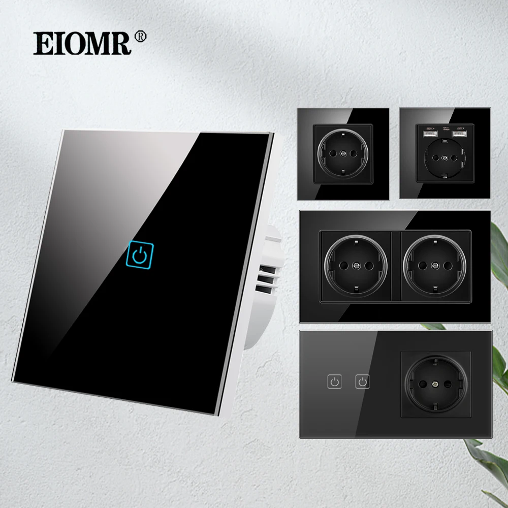 

Черные розетки EIOMR и сенсорный выключатель со стеклянной панелью, европейская стандартная USB-розетка 16 А 110 ~ 250 В, переключатель датчиков для домашнего пользования