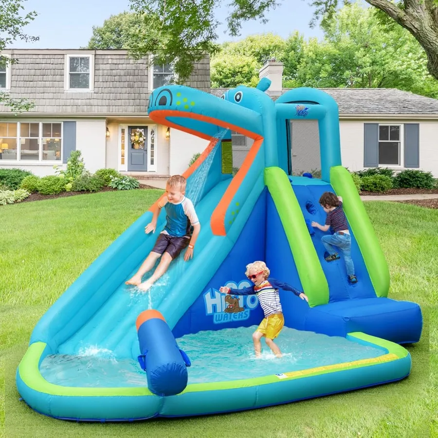 Opblaasbare waterglijbaan, Hippo Water Slide Park Jump Castle Bounce House met lange glijbaan, klimmen, waterkanon, splashpool, achterkant