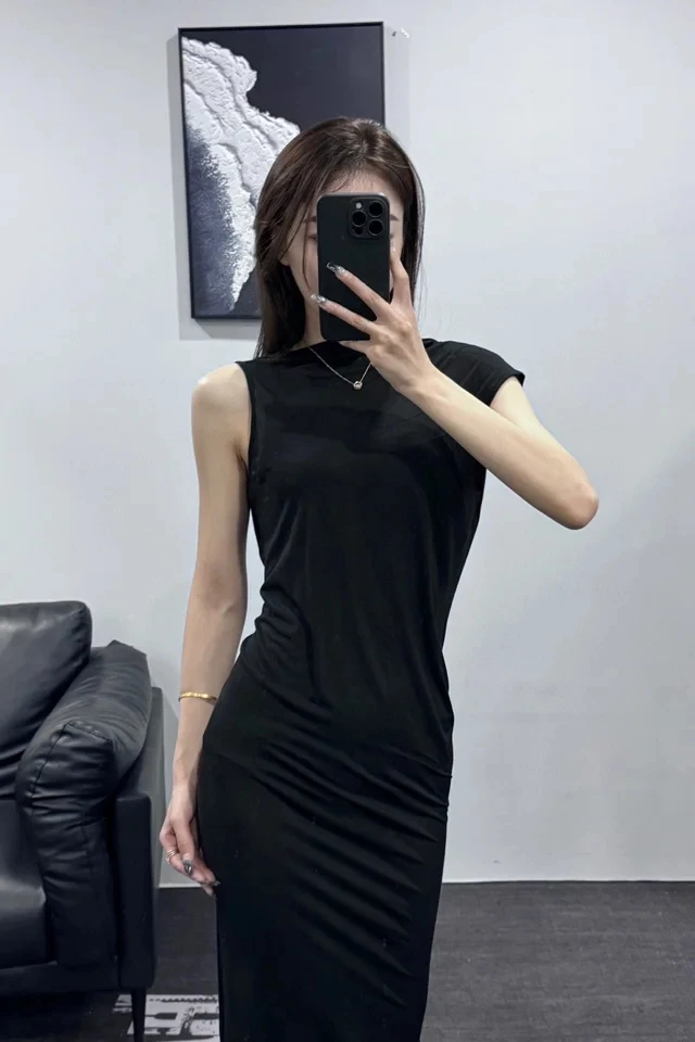 2024SS Summer Luxury Fashion Women Black Backless Casual Sexy Slim Dress for Ladies