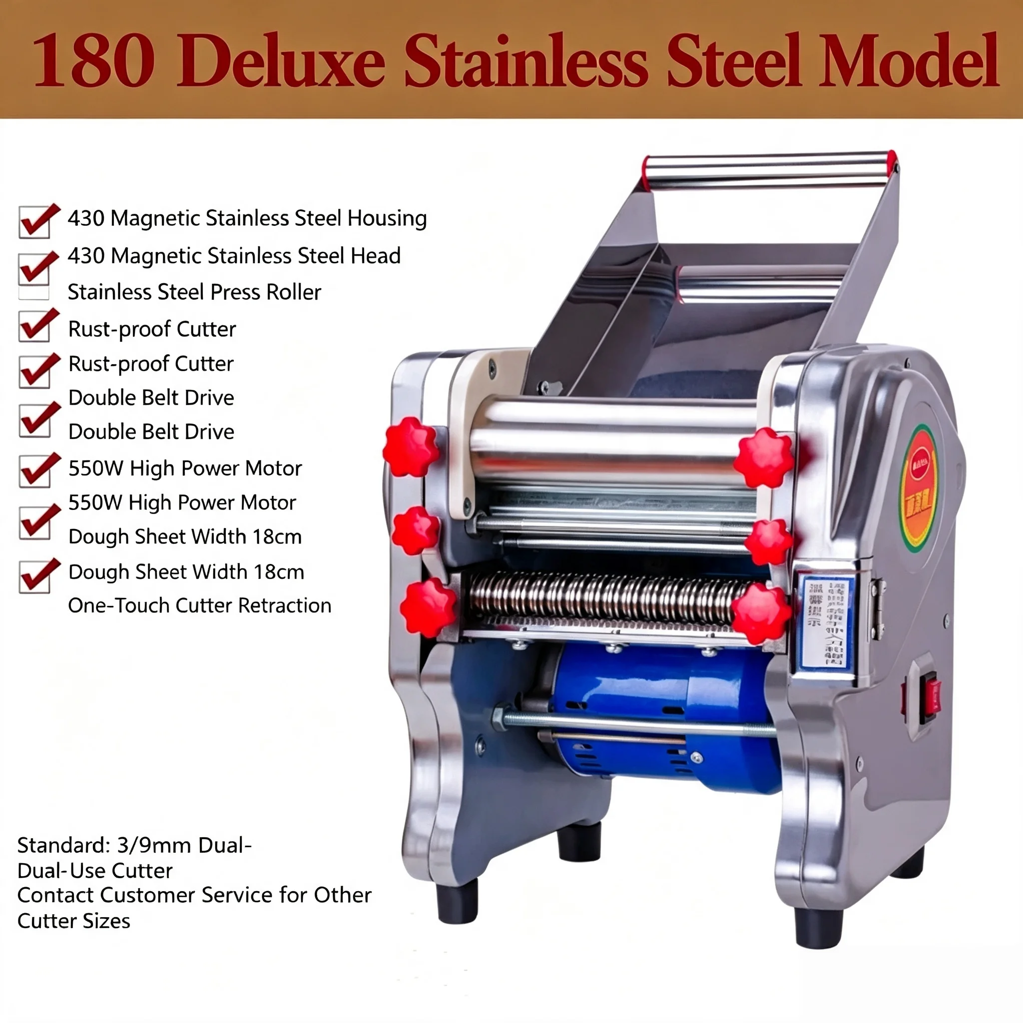 New Stainless Steel Electric Noodle Maker, Automatic Dough Press Machine, Household Commercial All-in-One Dumpling Wrapper Rolli