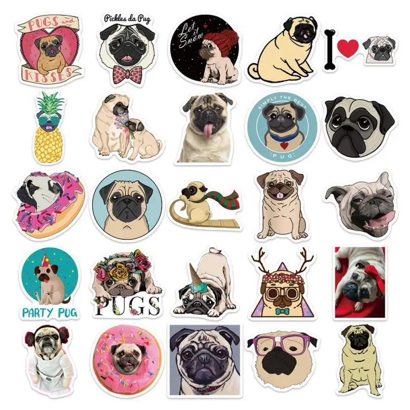 10/30/50PCS Fashion Cute Pug Sticker Pack Skateboard Decoration DIY Mobile Phone Computer Luggage PVC Graffiti Decal Wholesale