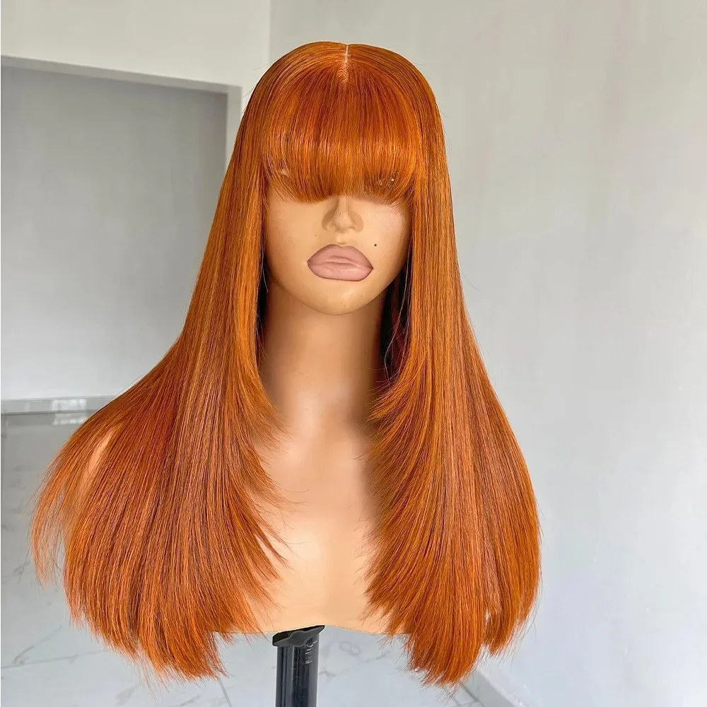 13x4 Lace Frontal Synthetic Wig Preplucked Hairline Glueless Ginger Orange Layered Straight Hair With Bangs Heat Resistant Fiber