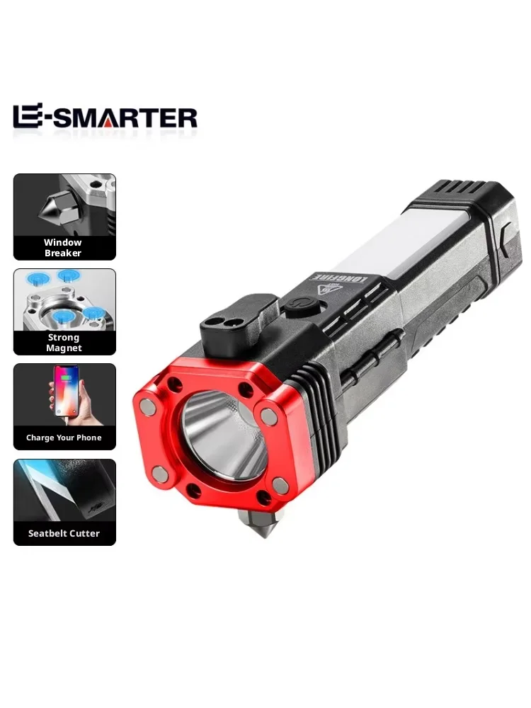 Lanterna multifuncional de alto brilho, martelo de segurança para carro, tocha portátil, recarregável por usb, tesouro, holofote para casa ao ar livre