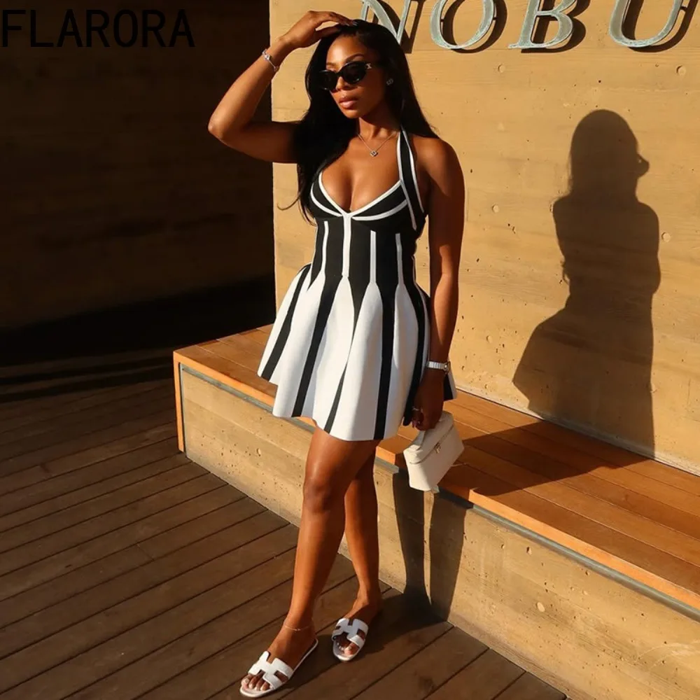 

FLARORA Fashion Black White Stripe Patchwork Mini Dress Woman Halter V Neck Backless Slim Fit Dresses Elegant Party Vestidos New