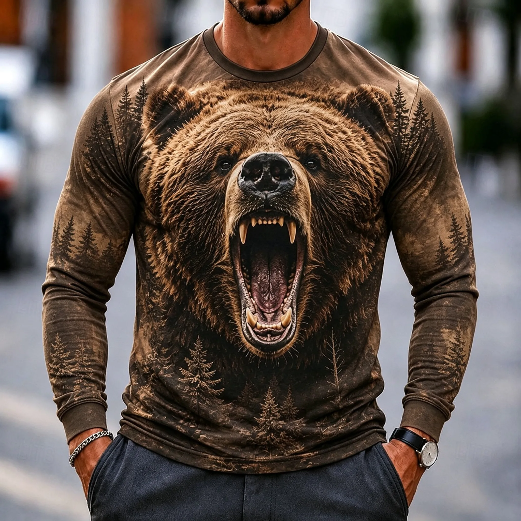 Men's Long Sleeve T-Shirt 3D Wild Animal Crocodile Bear Lion Wolf Print Retro Crew Neck Casual Street Tops