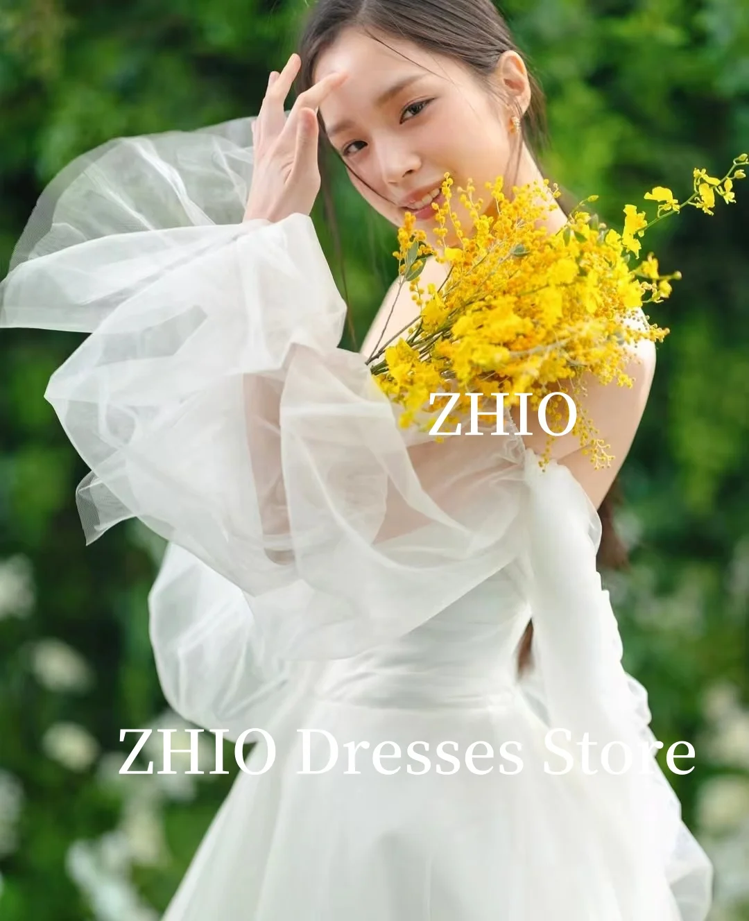 ZHIO Illusion Puff Sleeves Wedding Dress A-Line Off the Shoulder Floor Length Bridal Gown Korea Photo Shoot Customized Elegant