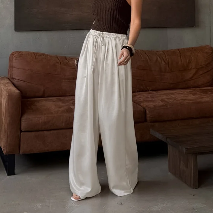 

Shpmishal 2026 Spring Elegant Satin Wide Leg Pants Women High Waist Faux Acetate Office Work Trousers Versatile Casual Wear