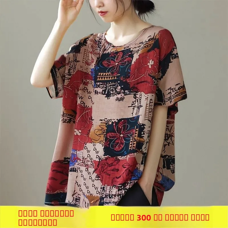 プラスサイズのコットンリネンまたはスウェットTシャツ、夏の新作、女性用ルーズフィットトップ、高齢女性向け、吸汗性、通気性