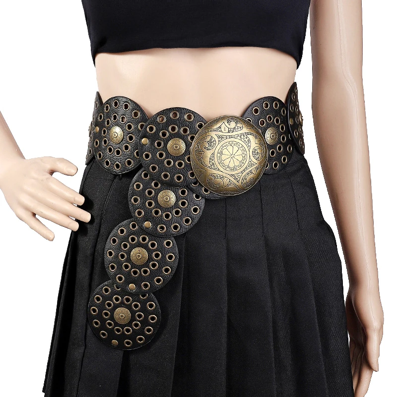 Wide Boho Disc Belt Women Vintage PU Leather Hollow Western Cowboy Metal Buckle Chain Belts Exaggerated Round Waistband