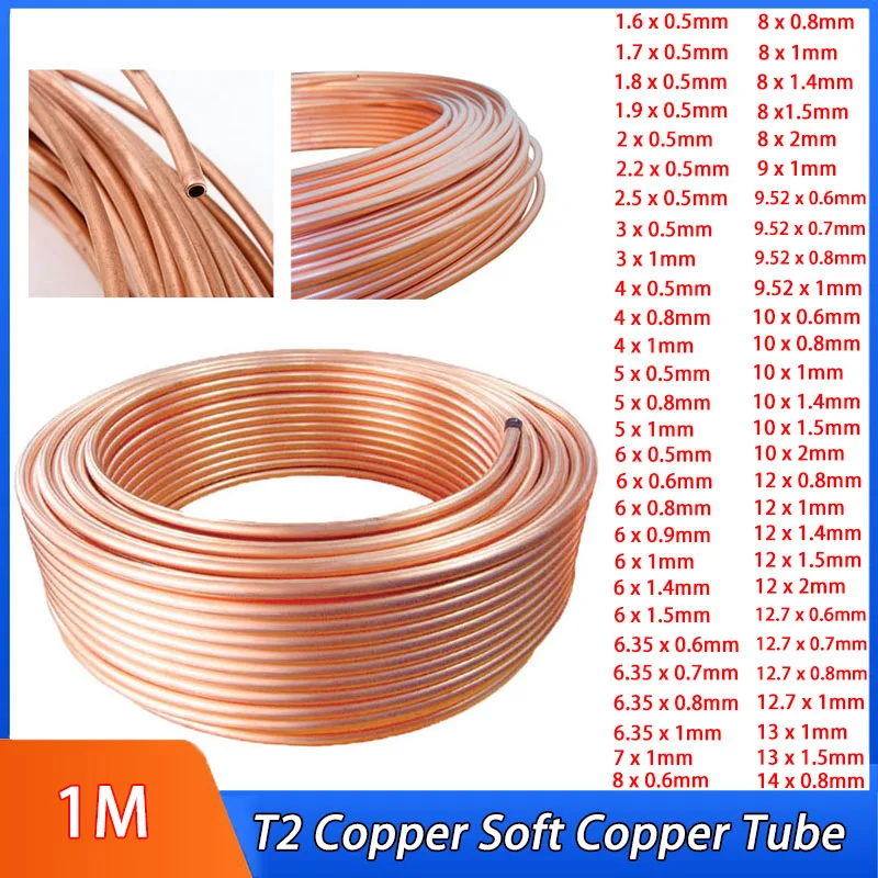 

1M OD: 1.6~28mm Thickness: 0.5~2mm T2 Copper Soft Copper Tube Coil Pure Coppers Wire Pipe Airs Conditioner Cooling DIY Crafts