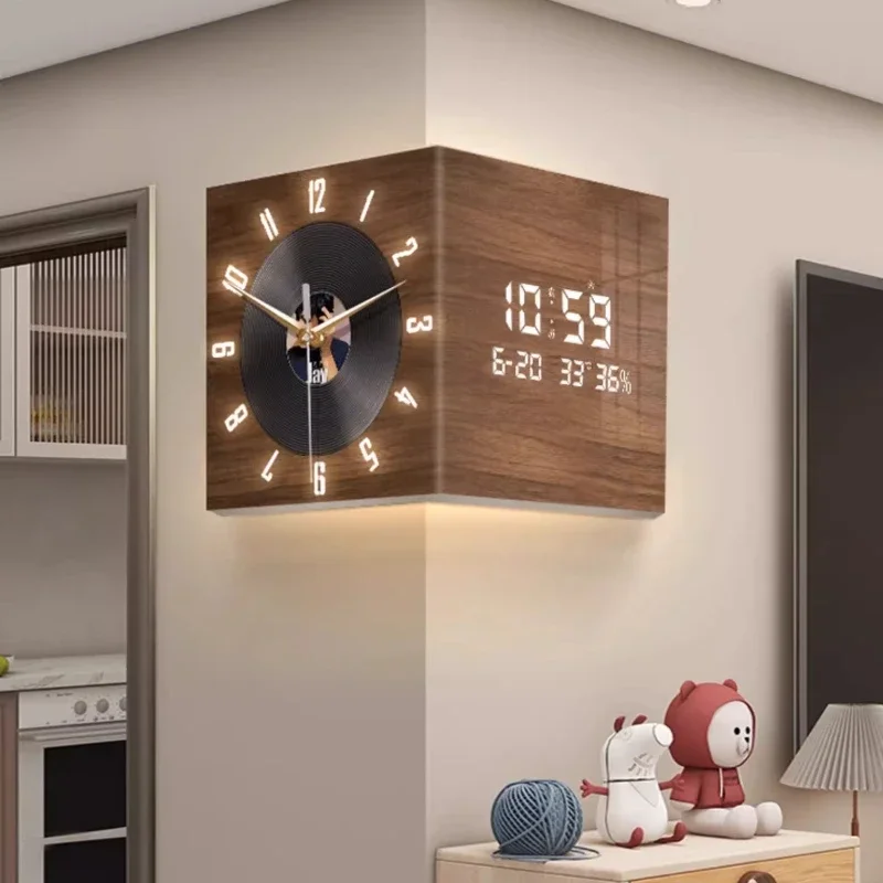 New Corner Double-sided Wall Clock Vintage Record Corner Clock Perpetual Calendar Electronic Decorative Wall Clock