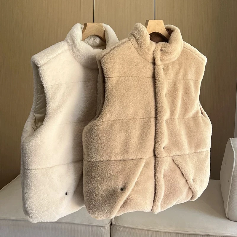 2025年冬新作 レディース スタンドカラー フォックスファー ダウンベスト Y2K 高品質 ファッション カジュアル ルーズ リバーシブル ベストジャケット