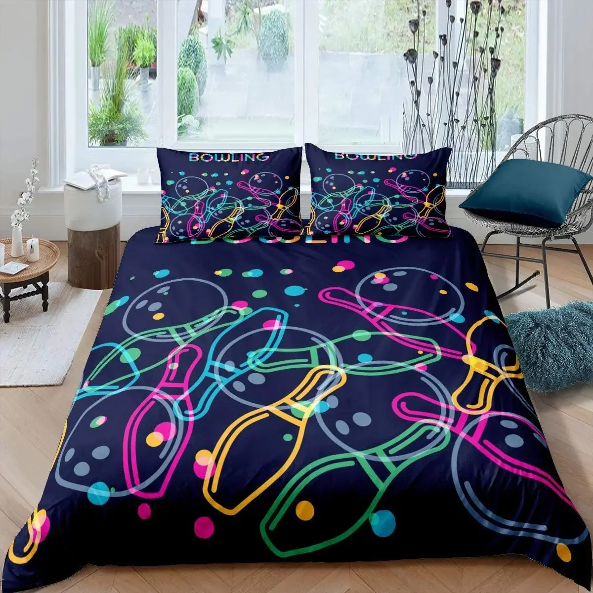 Bowling Bedding Set, Sports Games Comforter Cover Twin Full Size For Kids Boys Girls Children Confetti Colorful Duvet Cover Set