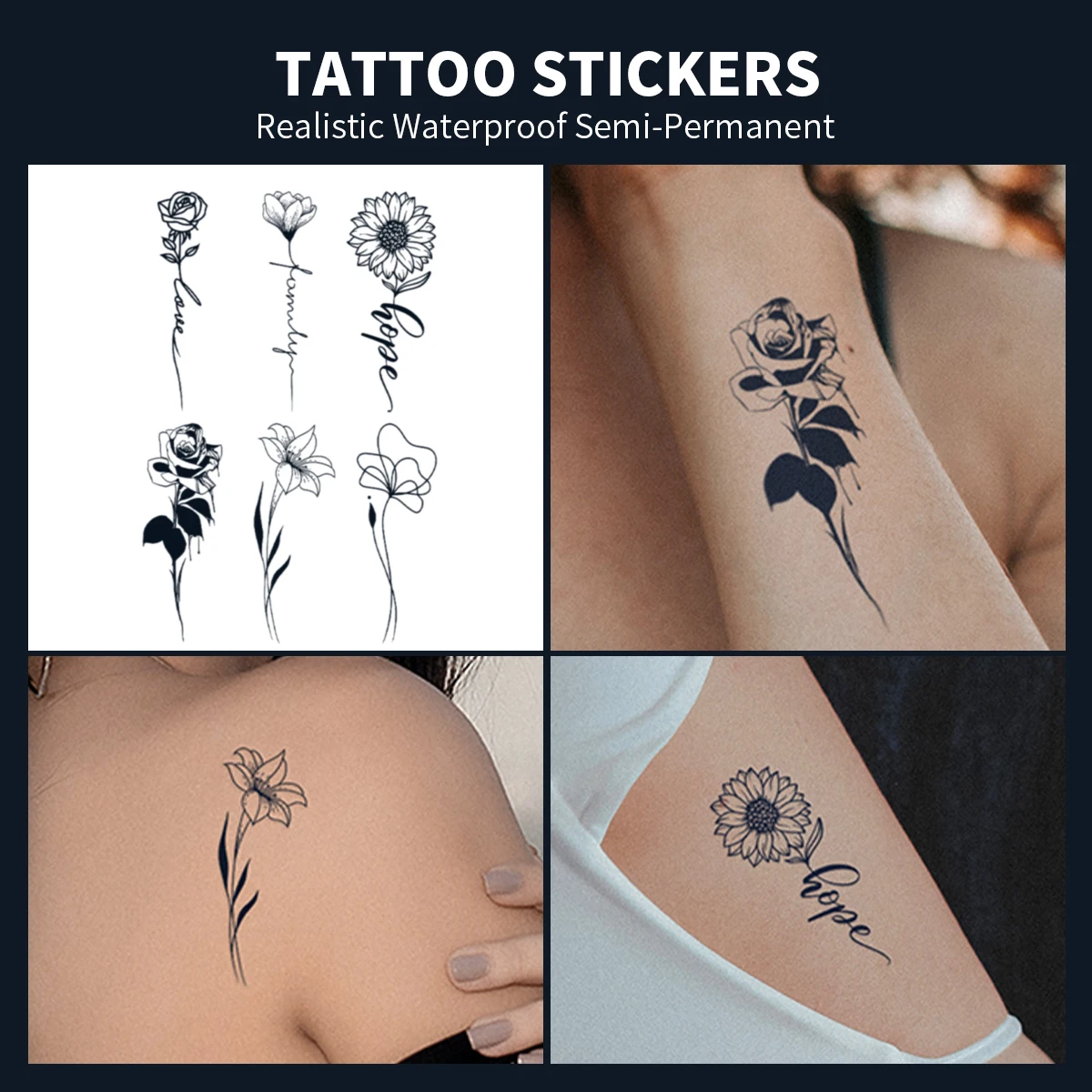 

TATTOO 4pcs Retro Hip-Hop Rose Personalized Pattern Waterproof Tattoo Stickers for Women Girls Semi Permanent Tattoo Stickers