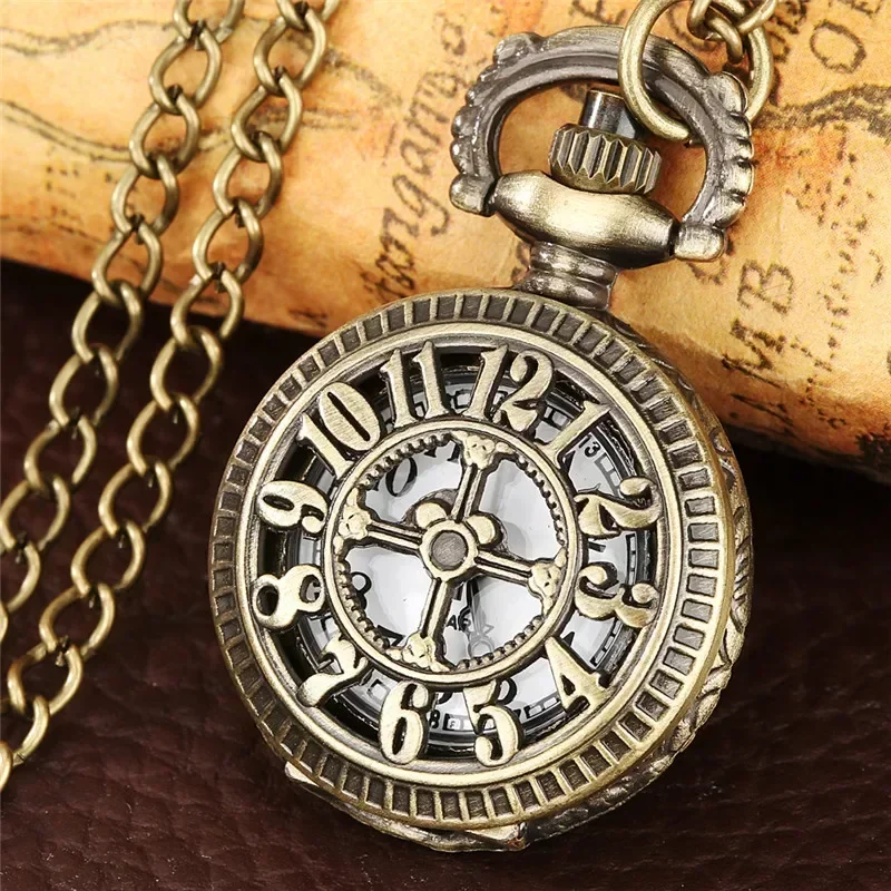 Bronze Mini Size Hollow Arabic Number Cover Unisex Quartz Analog Pocket Watch Necklace Long Chain Collectable Timepiece Gift