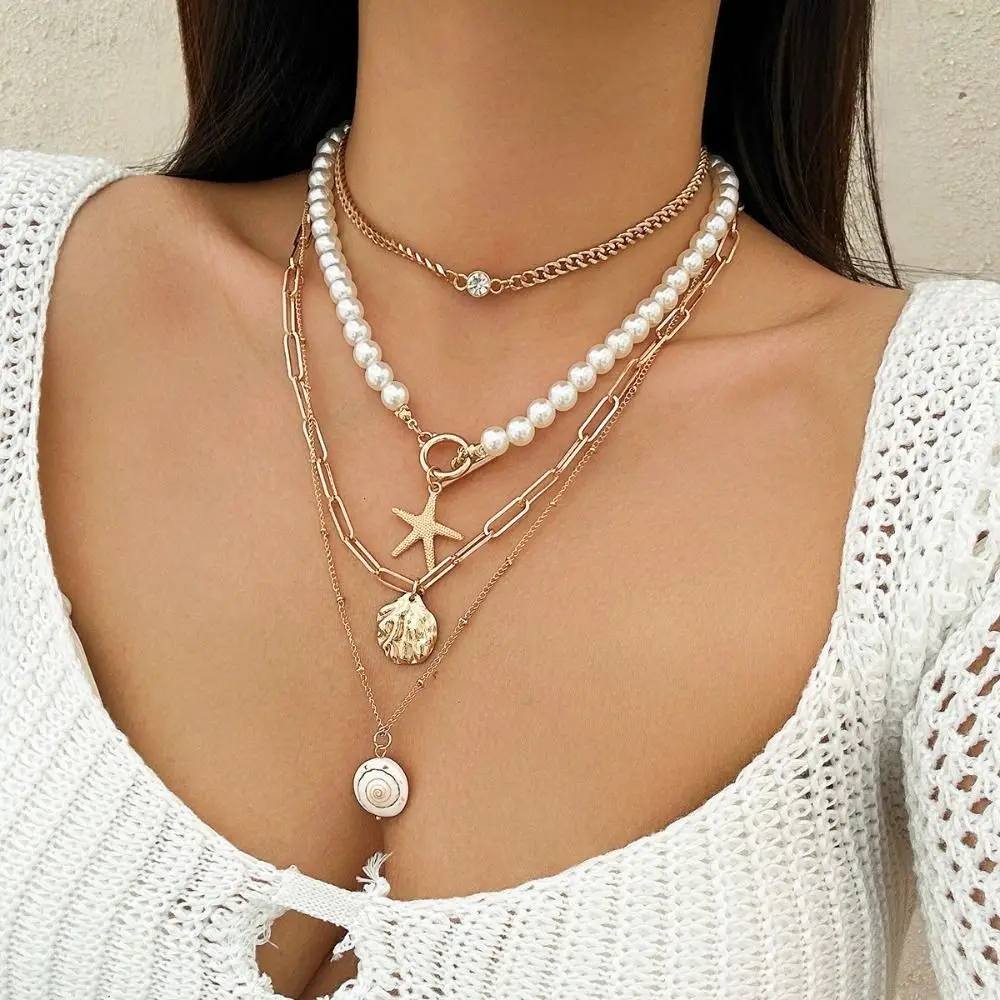 

Vacation Pendant Shell Multilayer Necklace Bohemian Style Y2K Accessories Conch Clavicle Chain Pearl Starfish Choker Party