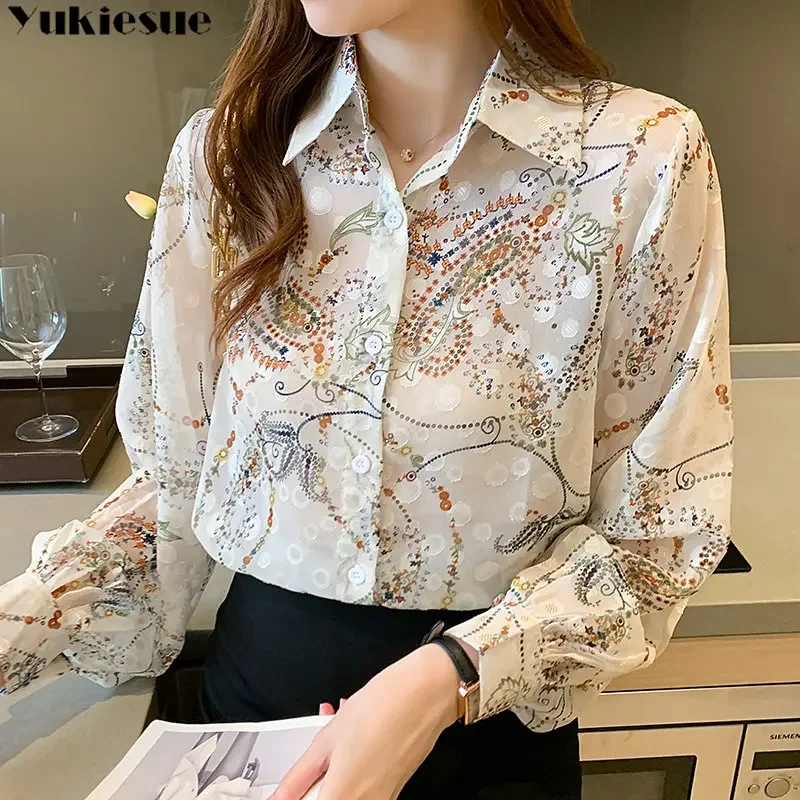 韓国ファッションプリント女性のシャツ刺繍プリント長袖気質シフォンシャツ 2025 春の新ルーズラペルトップ