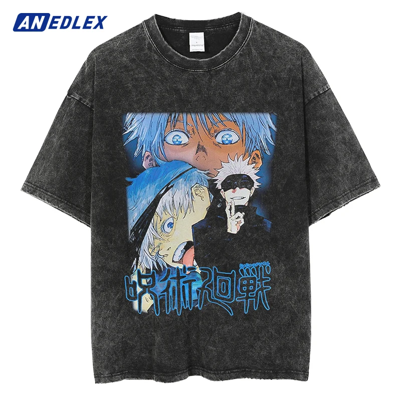 

Men Hip Hop Streetwear Washed T Shirt Japanese Anime Graphic Harajuku T Shirt Cotton Loose Summer Short Sleeve Tshirt Black