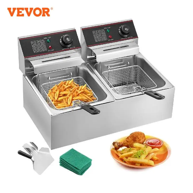 VEVOR 12L  5000W Electric Deep Fryers Dual Tanks with Dual Basket & Lid Double Deep Fat Fryer Adjustable Temperature Control