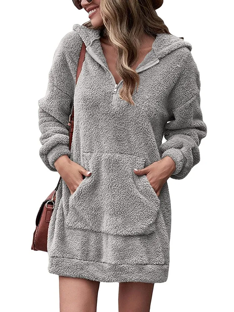 Double-sided plush hooded loose jacket 2023 new European and American autumn and winter zippered plush wool warm pocket sweater