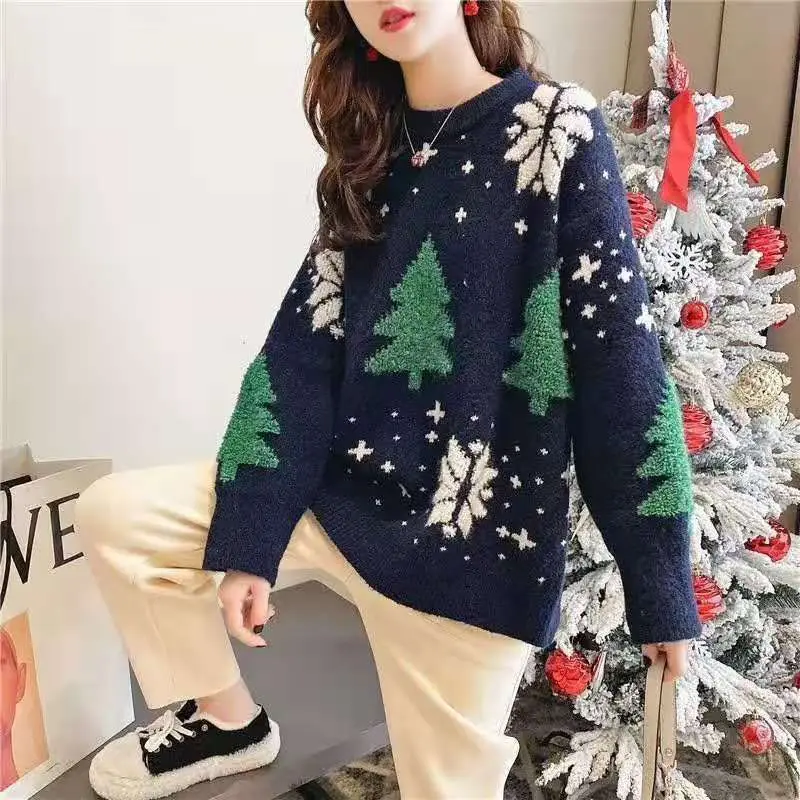 Estilo preguiçoso solto bonito natal camisola feminina outono inverno estilo ocidental versátil camisola de malha jaqueta topo para mulher