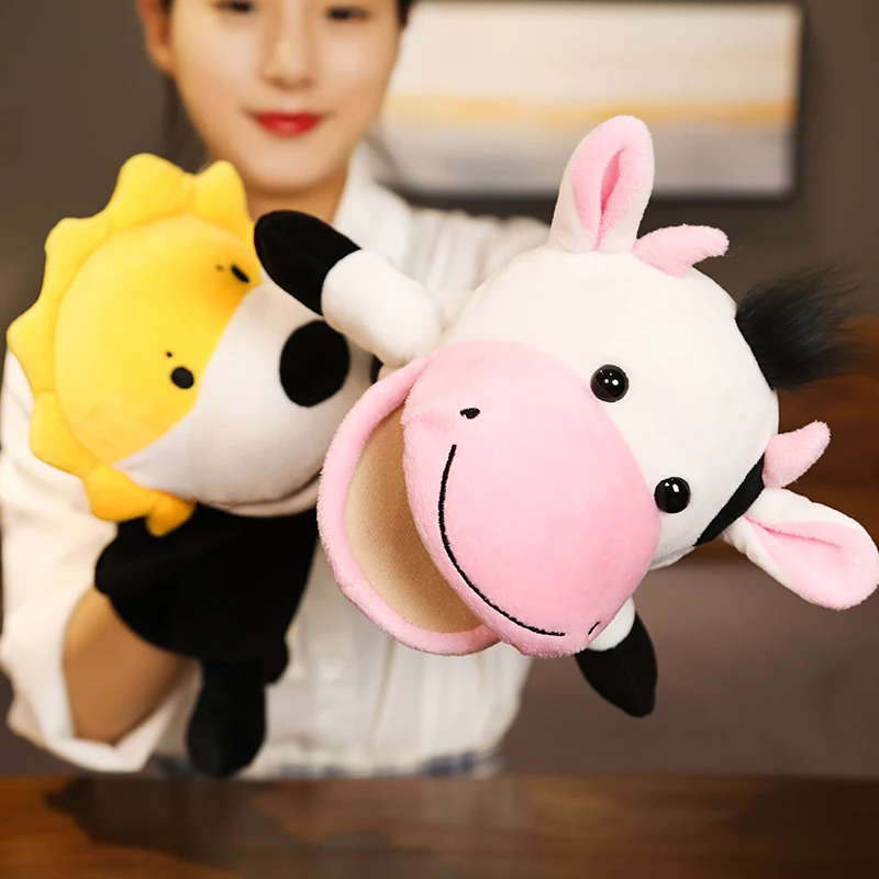 25cm Cute Cow Lion Family Plush Hand Puppet Role Play Educational Toys Stuffed Hand Puppet Children Storytelling Props