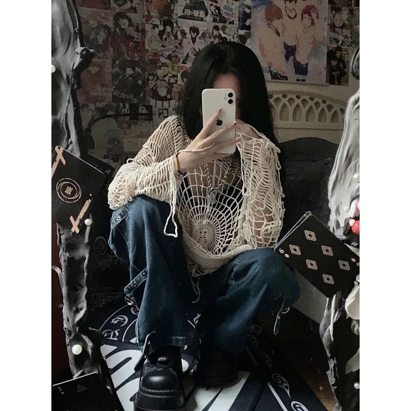 Sweater Coat Solid Color Pullover Fashion Casual Spider Web Hollow Hole Hooded Sweater Top