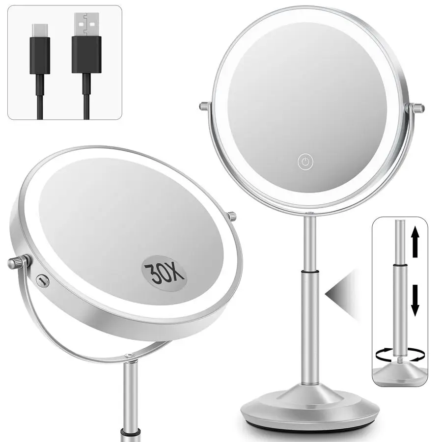 Mirror with Lights, 1X 30X Lighted Magnifying Mirror Height Adjustable, 3000mAh Rechargeable Double Sided Vanity Mirrors with 3