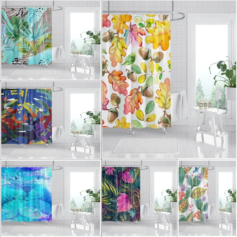 Waterproof Bathroom Shower Curtain featuring Tropical Plants and 3D Digital Printing