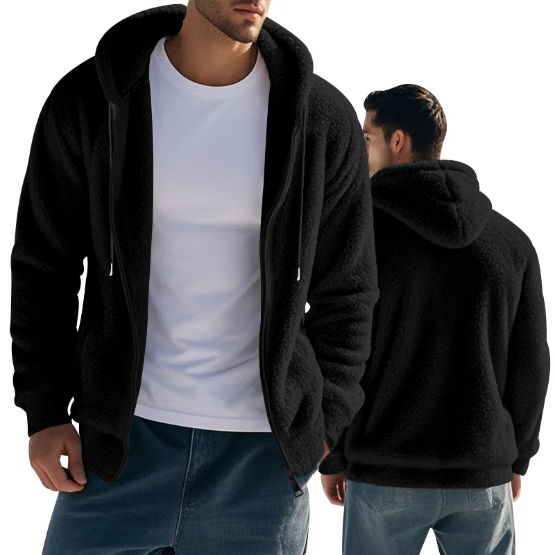 

Autumn and winter men's thickened warm double-sided fleece jacket zipper loose cardigan fashion sports casual hooded jacket