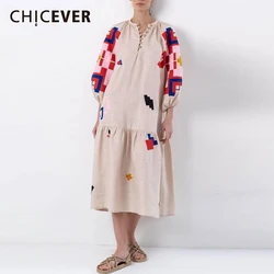 CHICEVER Casual Colorful Print Dress For Women O Neck Splicd Single Breasted Puff Sleeve Loose Waist Midi Dresses Female Autumn