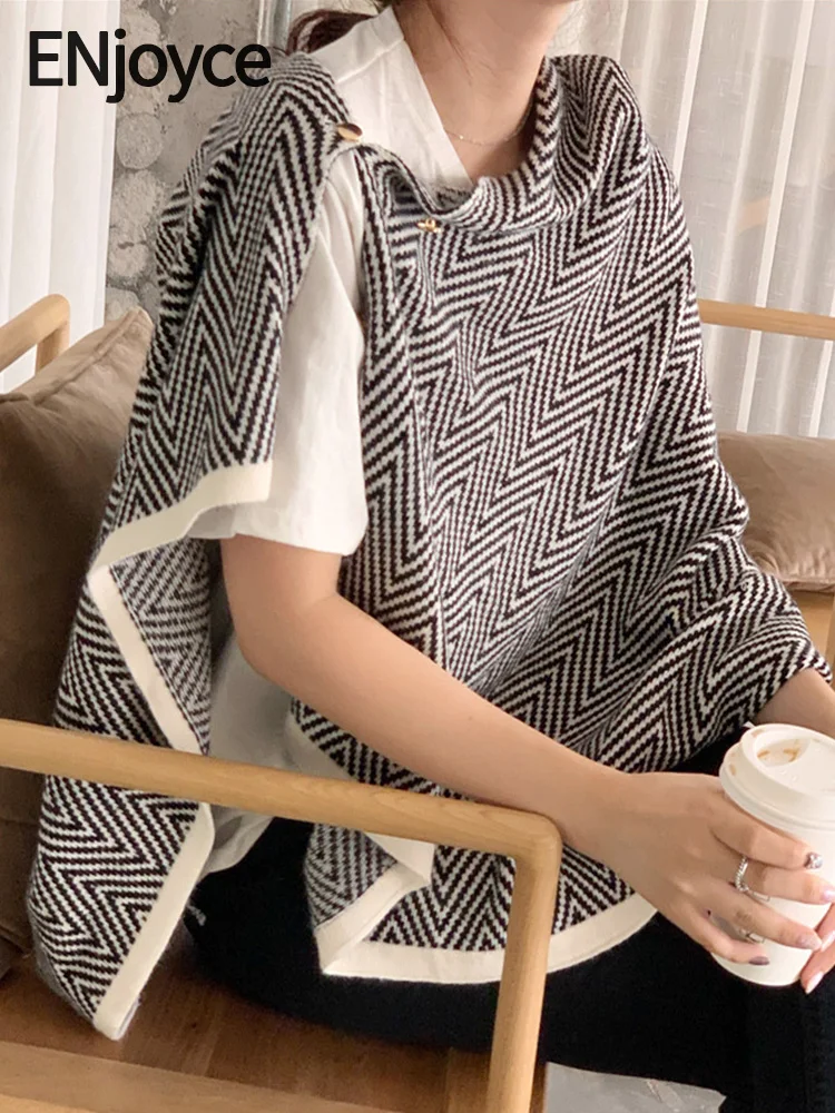 

Ofemcine Korean Fashion Design Poncho for Women Cashmere Wool Hem Shawl Vintage Knitted Poncho Scarf Autumn Winter