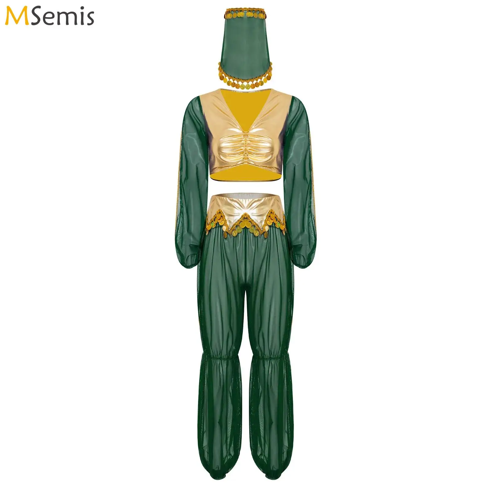 

Women Arabian Princess Fairy Costume Halloween Cosplay Outfit Belly Dance Rave Party Crop Top Sheer Mesh Pants And Veil 3Pcs Set