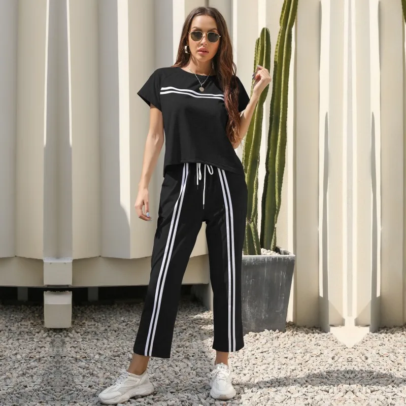 Summer Two Piece Outfits Women O Neck Short Sleeve Tops Casual Sets Loose Stripe T Shirt+long Pants Suit Women's Sportwear 2024