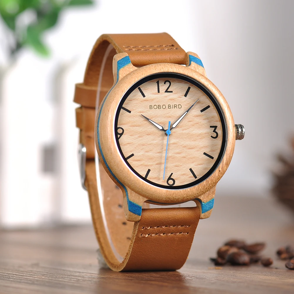 BOBO BIRD Wood Watch for Men Women Japan Analog Quartz Wristwatches 44mm Causal Green Leather Watches Custom Birthday Gift