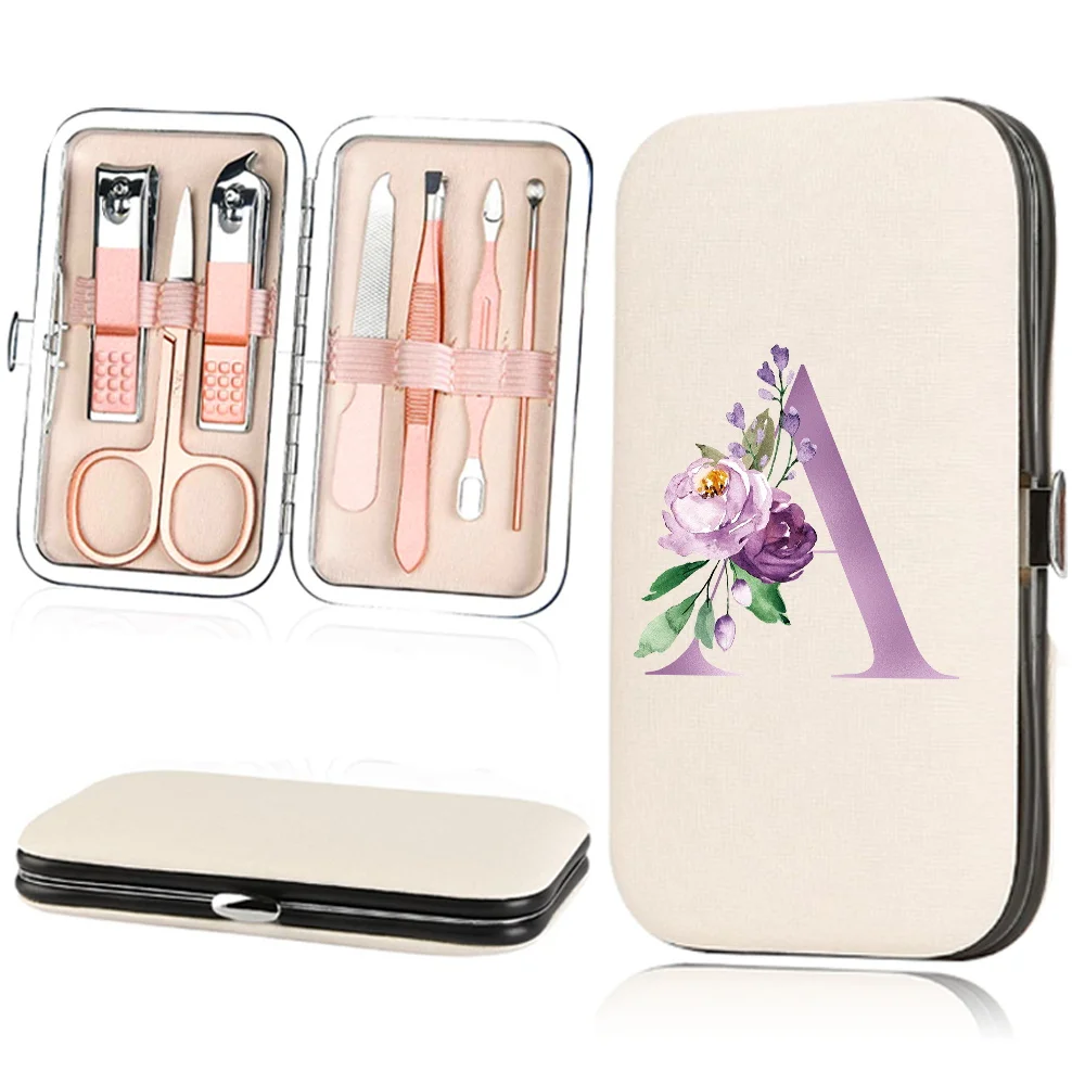 Set di tagliaunghie da 7 pezzi Kit di tagliaunghie in acciaio inossidabile strumenti per Manicure custodia per Pedicure portatile modello di lettera viola